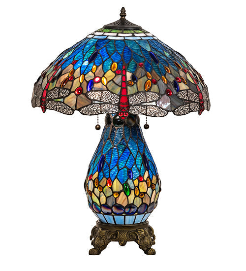 Meyda Lighting Tiffany Hanginghead Dragonfly 25" 3-Light Mahogany Bronze Table Lamp With Multi-Colored Shade Glass