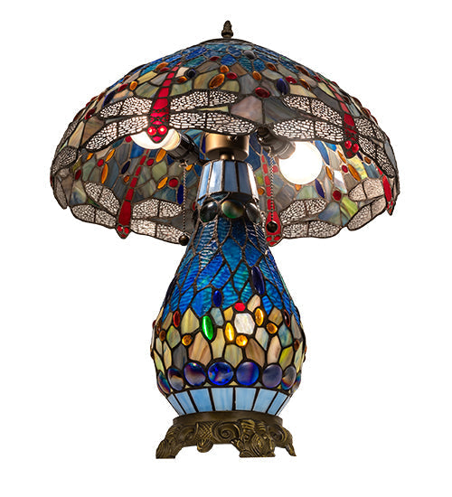 Meyda Lighting Tiffany Hanginghead Dragonfly 25" 3-Light Mahogany Bronze Table Lamp With Multi-Colored Shade Glass