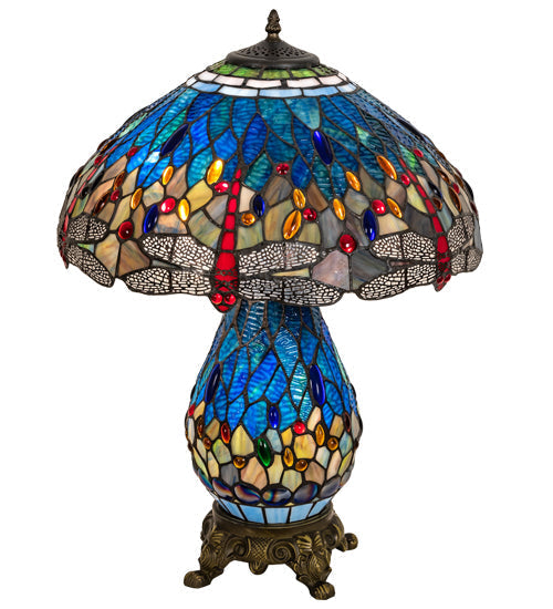 Meyda Lighting Tiffany Hanginghead Dragonfly 25" 3-Light Mahogany Bronze Table Lamp With Multi-Colored Shade Glass