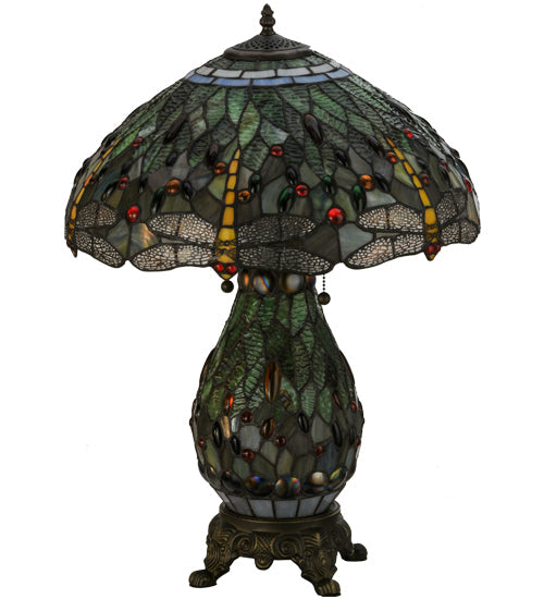 Meyda Lighting Tiffany Hanginghead Dragonfly 26" 2-Light Mahogany Bronze Table Lamp With Multi-Colored Shade Glass