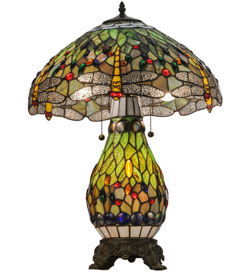 Meyda Lighting Tiffany Hanginghead Dragonfly 26" 2-Light Mahogany Bronze Table Lamp With Multi-Colored Shade Glass