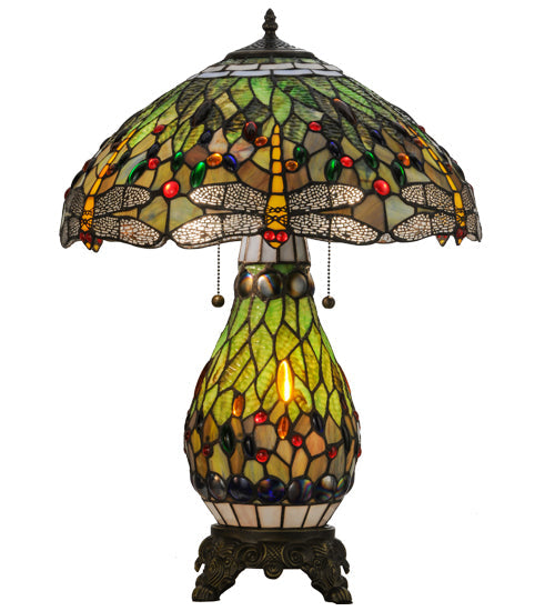 Meyda Lighting Tiffany Hanginghead Dragonfly 26" 2-Light Mahogany Bronze Table Lamp With Multi-Colored Shade Glass