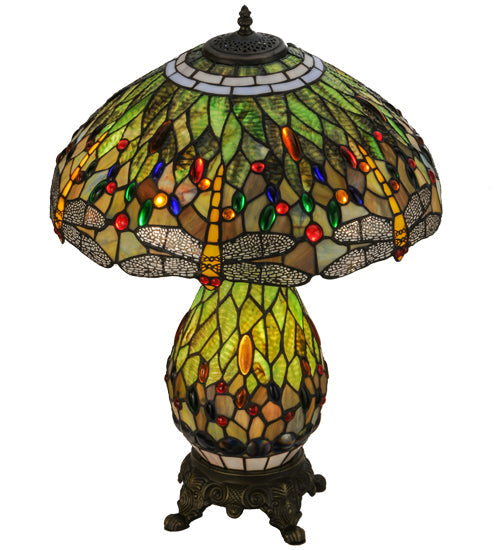 Meyda Lighting Tiffany Hanginghead Dragonfly 26" 2-Light Mahogany Bronze Table Lamp With Multi-Colored Shade Glass
