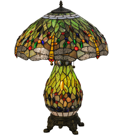 Meyda Lighting Tiffany Hanginghead Dragonfly 26" 2-Light Mahogany Bronze Table Lamp With Multi-Colored Shade Glass