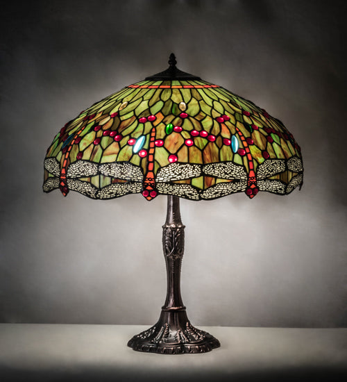Meyda Lighting Tiffany Hanginghead Dragonfly 26" 3-Light Mahogany Bronze Table Lamp With Multi-Colored Shade Glass