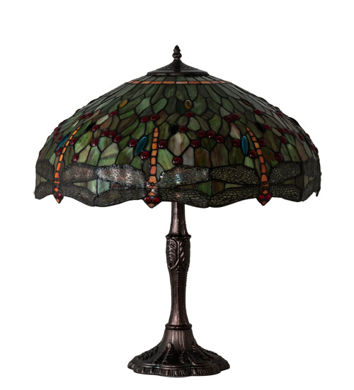 Meyda Lighting Tiffany Hanginghead Dragonfly 26" 3-Light Mahogany Bronze Table Lamp With Multi-Colored Shade Glass