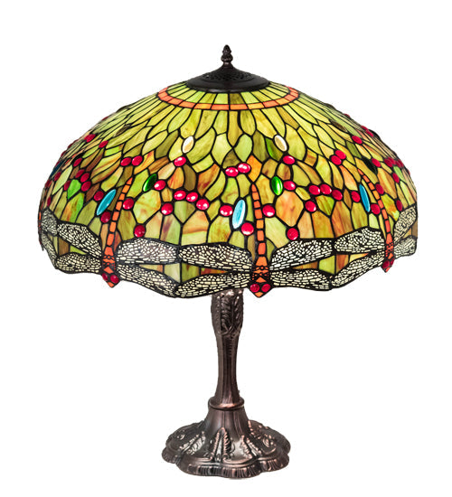 Meyda Lighting Tiffany Hanginghead Dragonfly 26" 3-Light Mahogany Bronze Table Lamp With Multi-Colored Shade Glass