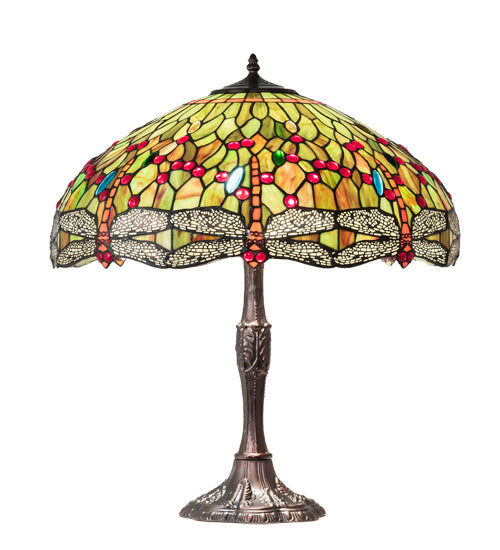 Meyda Lighting Tiffany Hanginghead Dragonfly 26" 3-Light Mahogany Bronze Table Lamp With Multi-Colored Shade Glass