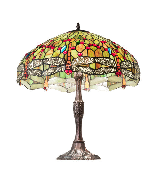 Meyda Lighting Tiffany Hanginghead Dragonfly 26" 3-Light Mahogany Bronze Table Lamp With Multi-Colored Shade Glass