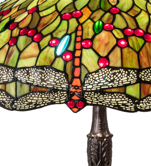 Meyda Lighting Tiffany Hanginghead Dragonfly 26" 3-Light Mahogany Bronze Table Lamp With Multi-Colored Shade Glass