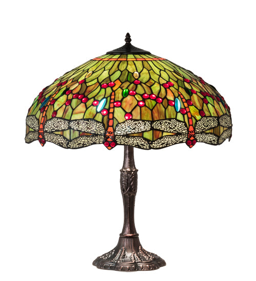 Meyda Lighting Tiffany Hanginghead Dragonfly 26" 3-Light Mahogany Bronze Table Lamp With Multi-Colored Shade Glass