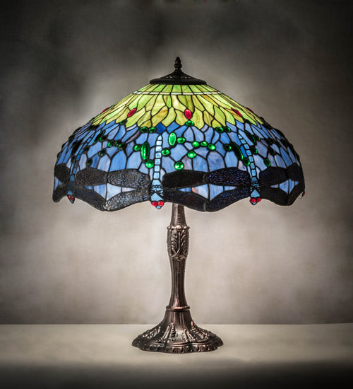 Meyda Lighting Tiffany Hanginghead Dragonfly 26" 3-Light Mahogany Bronze Table Lamp With Multi-Colored Stained Shade Glass