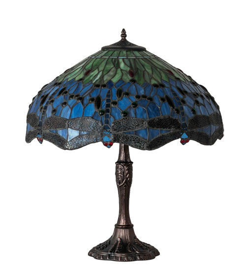 Meyda Lighting Tiffany Hanginghead Dragonfly 26" 3-Light Mahogany Bronze Table Lamp With Multi-Colored Stained Shade Glass