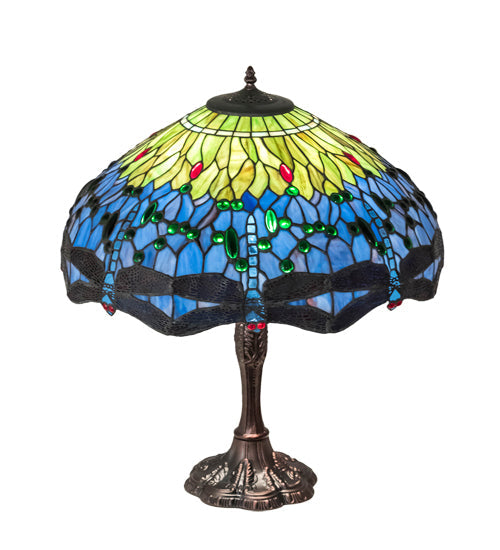 Meyda Lighting Tiffany Hanginghead Dragonfly 26" 3-Light Mahogany Bronze Table Lamp With Multi-Colored Stained Shade Glass