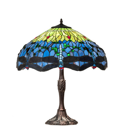 Meyda Lighting Tiffany Hanginghead Dragonfly 26" 3-Light Mahogany Bronze Table Lamp With Multi-Colored Stained Shade Glass