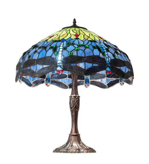 Meyda Lighting Tiffany Hanginghead Dragonfly 26" 3-Light Mahogany Bronze Table Lamp With Multi-Colored Stained Shade Glass