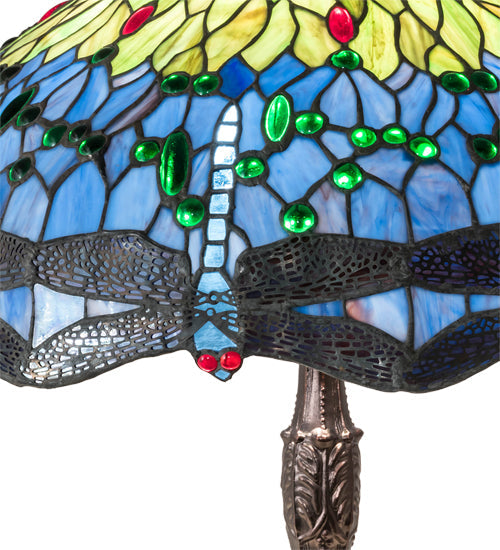 Meyda Lighting Tiffany Hanginghead Dragonfly 26" 3-Light Mahogany Bronze Table Lamp With Multi-Colored Stained Shade Glass