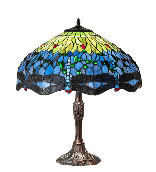 Meyda Lighting Tiffany Hanginghead Dragonfly 26" 3-Light Mahogany Bronze Table Lamp With Multi-Colored Stained Shade Glass