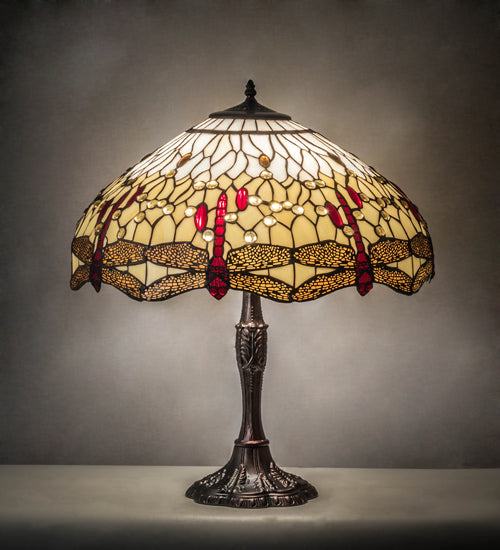 Meyda Lighting Tiffany Hanginghead Dragonfly 26" 3-Light Mahogany Bronze Table Lamp With Ruby & Amber Stained Shade Glass