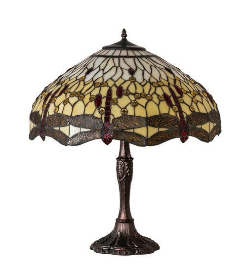 Meyda Lighting Tiffany Hanginghead Dragonfly 26" 3-Light Mahogany Bronze Table Lamp With Ruby & Amber Stained Shade Glass