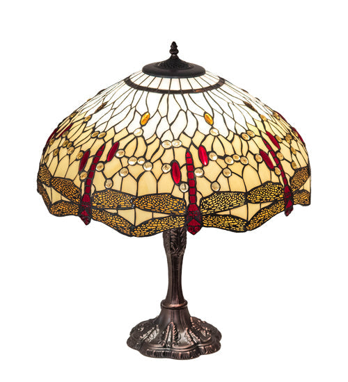 Meyda Lighting Tiffany Hanginghead Dragonfly 26" 3-Light Mahogany Bronze Table Lamp With Ruby & Amber Stained Shade Glass