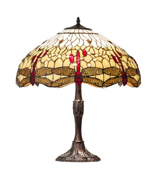 Meyda Lighting Tiffany Hanginghead Dragonfly 26" 3-Light Mahogany Bronze Table Lamp With Ruby & Amber Stained Shade Glass