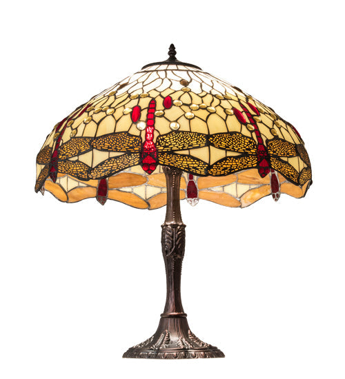 Meyda Lighting Tiffany Hanginghead Dragonfly 26" 3-Light Mahogany Bronze Table Lamp With Ruby & Amber Stained Shade Glass