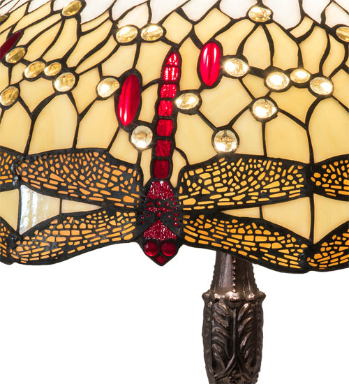 Meyda Lighting Tiffany Hanginghead Dragonfly 26" 3-Light Mahogany Bronze Table Lamp With Ruby & Amber Stained Shade Glass