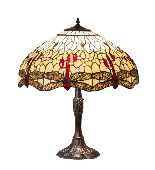 Meyda Lighting Tiffany Hanginghead Dragonfly 26" 3-Light Mahogany Bronze Table Lamp With Ruby & Amber Stained Shade Glass