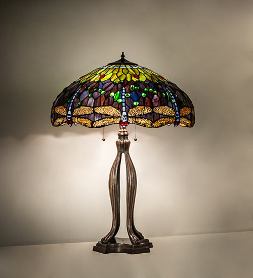 Meyda Lighting Tiffany Hanginghead Dragonfly 265224 33" 3-Light Mahogany Bronze Table Lamp With Multi-Colored Shade Glass