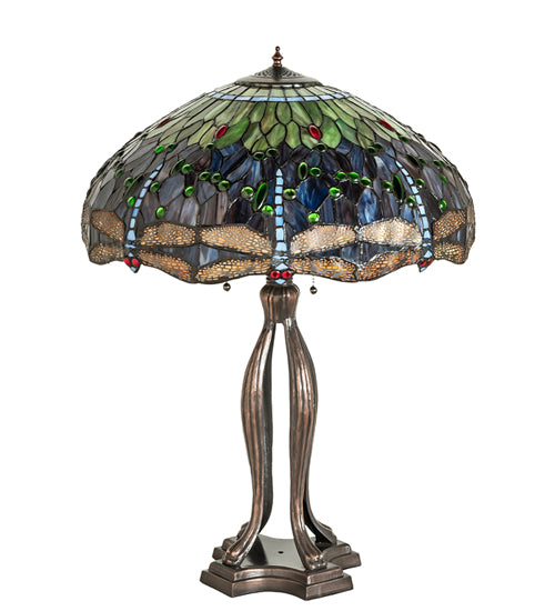 Meyda Lighting Tiffany Hanginghead Dragonfly 265224 33" 3-Light Mahogany Bronze Table Lamp With Multi-Colored Shade Glass