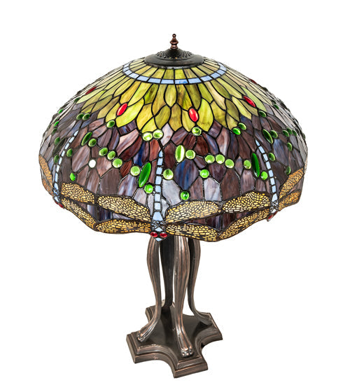 Meyda Lighting Tiffany Hanginghead Dragonfly 265224 33" 3-Light Mahogany Bronze Table Lamp With Multi-Colored Shade Glass