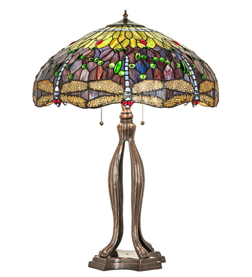 Meyda Lighting Tiffany Hanginghead Dragonfly 265224 33" 3-Light Mahogany Bronze Table Lamp With Multi-Colored Shade Glass