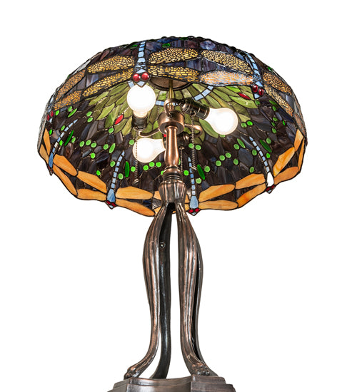 Meyda Lighting Tiffany Hanginghead Dragonfly 265224 33" 3-Light Mahogany Bronze Table Lamp With Multi-Colored Shade Glass