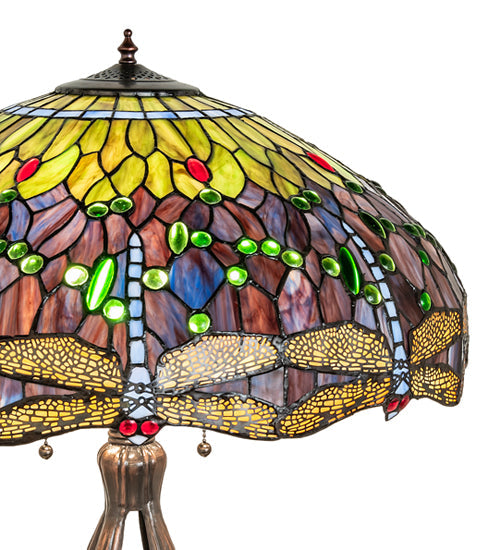 Meyda Lighting Tiffany Hanginghead Dragonfly 265224 33" 3-Light Mahogany Bronze Table Lamp With Multi-Colored Shade Glass