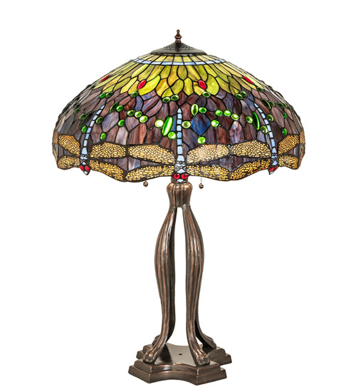 Meyda Lighting Tiffany Hanginghead Dragonfly 265224 33" 3-Light Mahogany Bronze Table Lamp With Multi-Colored Shade Glass