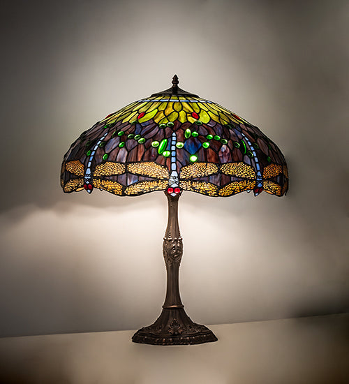 Meyda Lighting Tiffany Hanginghead Dragonfly 265288 26" 3-Light Mahogany Bronze Table Lamp With Multi-Colored Shade Glass