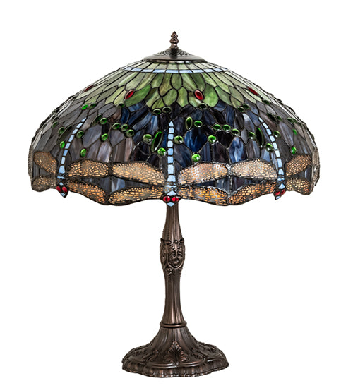 Meyda Lighting Tiffany Hanginghead Dragonfly 265288 26" 3-Light Mahogany Bronze Table Lamp With Multi-Colored Shade Glass