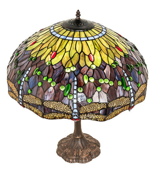 Meyda Lighting Tiffany Hanginghead Dragonfly 265288 26" 3-Light Mahogany Bronze Table Lamp With Multi-Colored Shade Glass