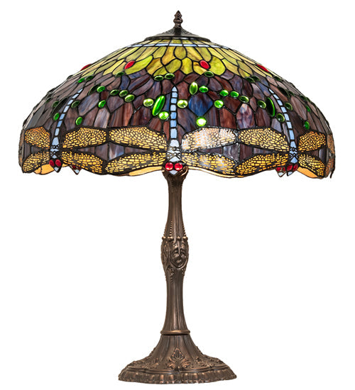 Meyda Lighting Tiffany Hanginghead Dragonfly 265288 26" 3-Light Mahogany Bronze Table Lamp With Multi-Colored Shade Glass