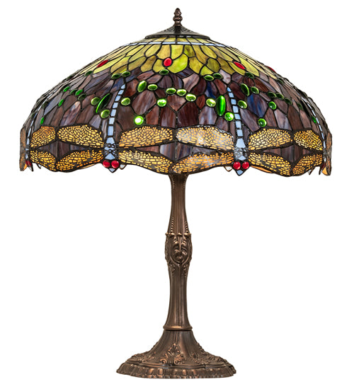 Meyda Lighting Tiffany Hanginghead Dragonfly 265288 26" 3-Light Mahogany Bronze Table Lamp With Multi-Colored Shade Glass