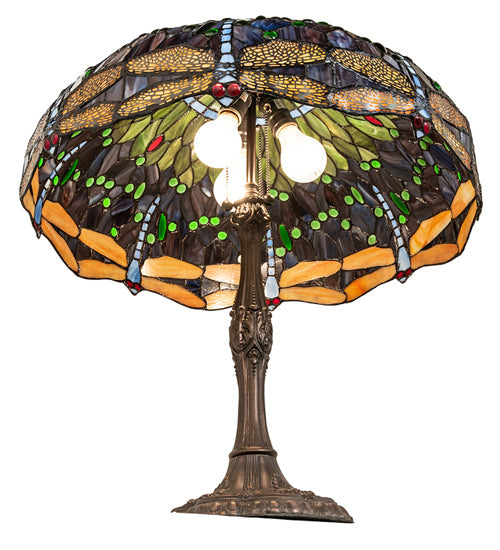 Meyda Lighting Tiffany Hanginghead Dragonfly 265288 26" 3-Light Mahogany Bronze Table Lamp With Multi-Colored Shade Glass