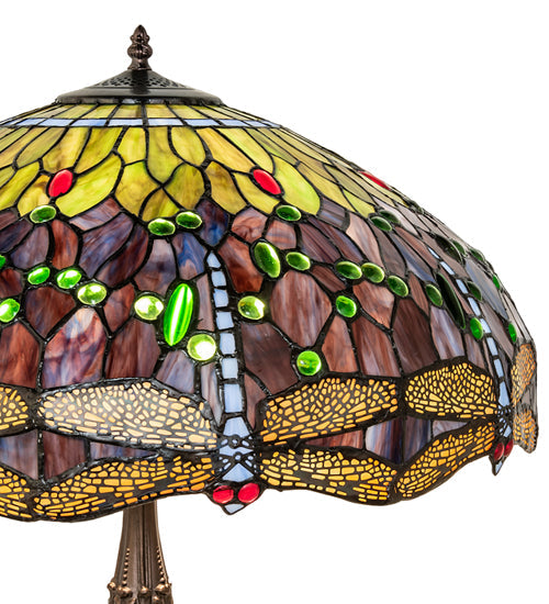 Meyda Lighting Tiffany Hanginghead Dragonfly 265288 26" 3-Light Mahogany Bronze Table Lamp With Multi-Colored Shade Glass