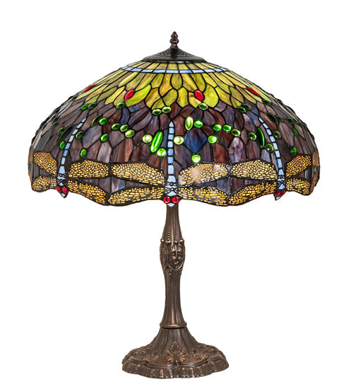 Meyda Lighting Tiffany Hanginghead Dragonfly 265288 26" 3-Light Mahogany Bronze Table Lamp With Multi-Colored Shade Glass