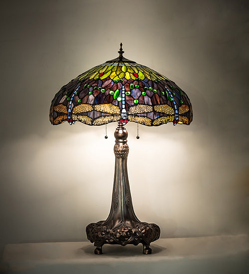 Meyda Lighting Tiffany Hanginghead Dragonfly 265347 31" 3-Light Mahogany Bronze Table Lamp With Multi-Colored Shade Glass