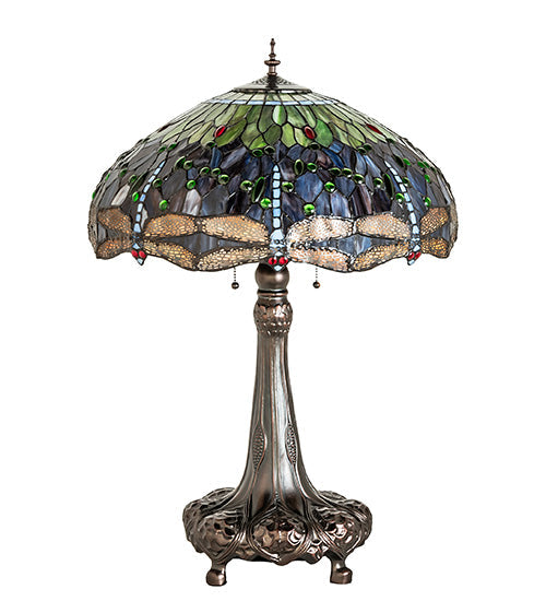 Meyda Lighting Tiffany Hanginghead Dragonfly 265347 31" 3-Light Mahogany Bronze Table Lamp With Multi-Colored Shade Glass