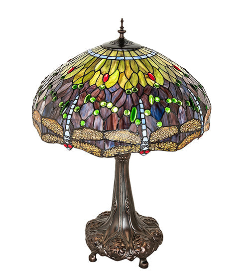 Meyda Lighting Tiffany Hanginghead Dragonfly 265347 31" 3-Light Mahogany Bronze Table Lamp With Multi-Colored Shade Glass