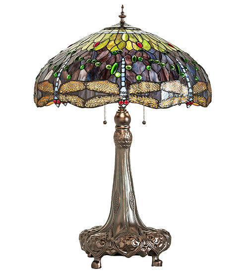 Meyda Lighting Tiffany Hanginghead Dragonfly 265347 31" 3-Light Mahogany Bronze Table Lamp With Multi-Colored Shade Glass