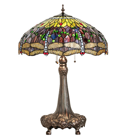 Meyda Lighting Tiffany Hanginghead Dragonfly 265347 31" 3-Light Mahogany Bronze Table Lamp With Multi-Colored Shade Glass