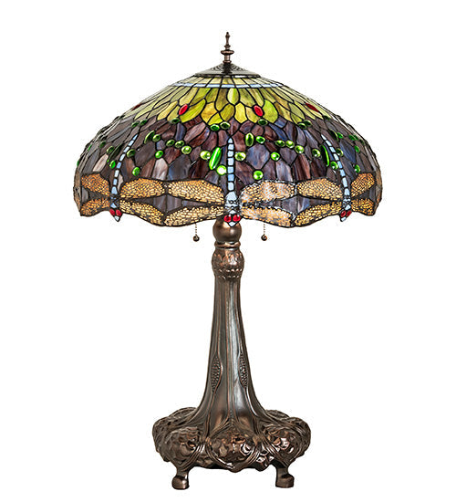 Meyda Lighting Tiffany Hanginghead Dragonfly 265347 31" 3-Light Mahogany Bronze Table Lamp With Multi-Colored Shade Glass